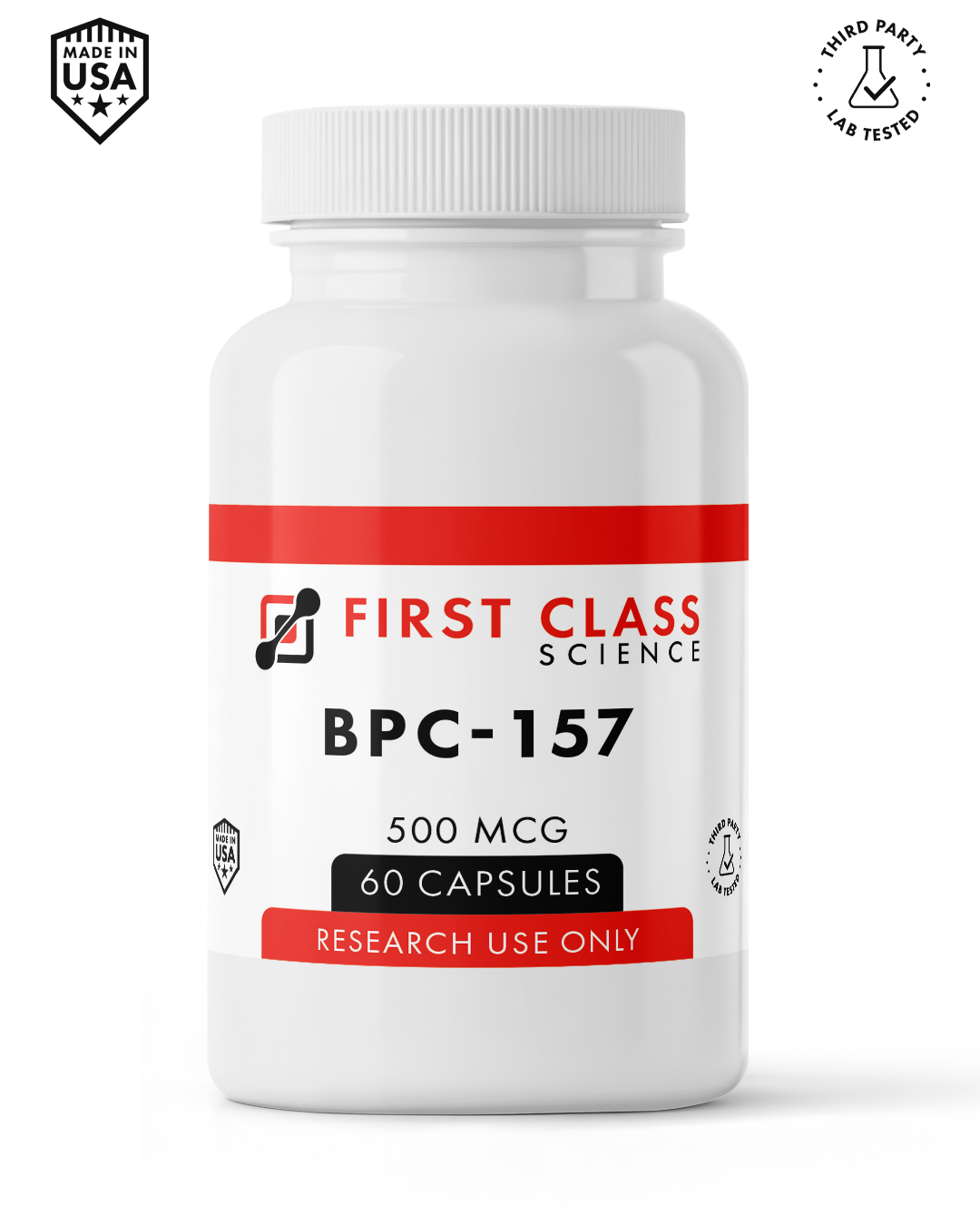 BPC-157 research peptide capsules 500mcg by First Class Science